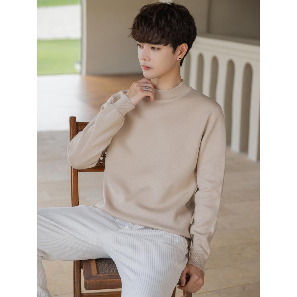 高端男士打底衫半高领针织衫冬季下摆衬衫加厚懒散风格宽松1204k