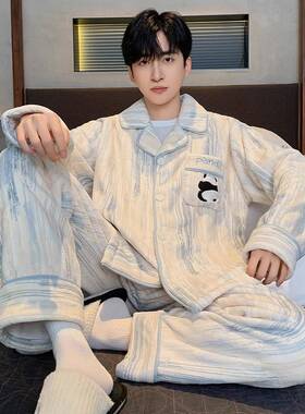 秋冬男士珊瑚绒睡衣男2025新款男加绒加厚天保暖家居服套装12292e