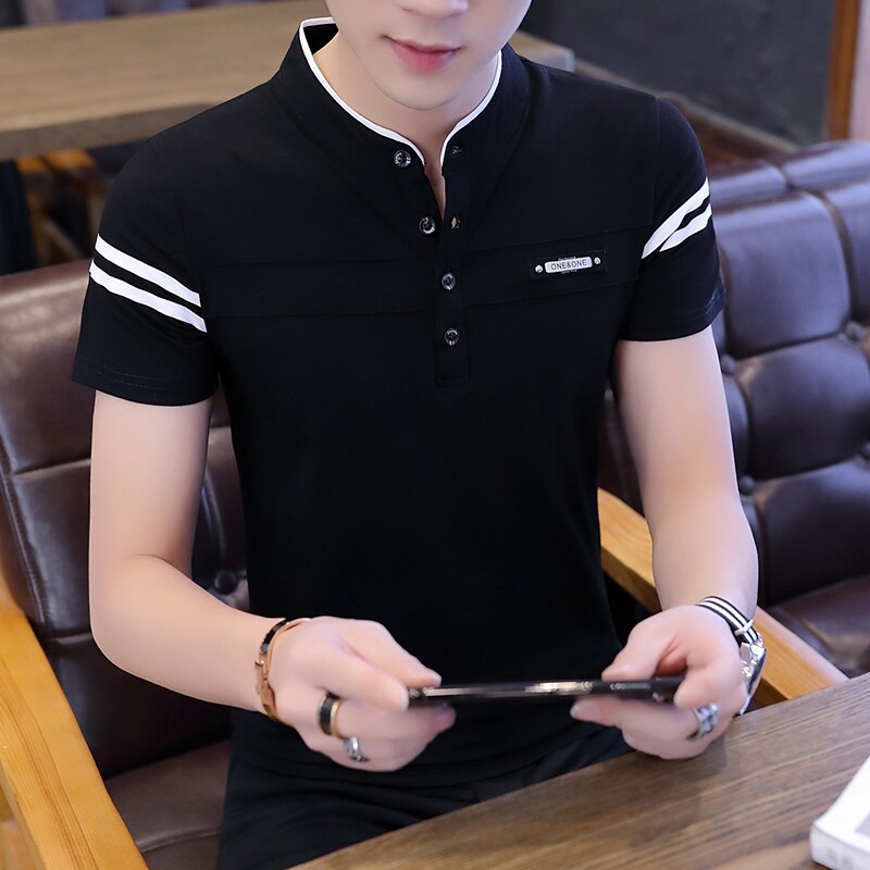 短袖男2023年夏季t恤新款修身立领帅气潮流半袖薄款棉体恤