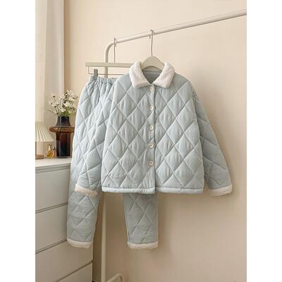 三层加厚夹棉睡衣女款秋冬季新款简约风加绒保暖家居服套装1123r