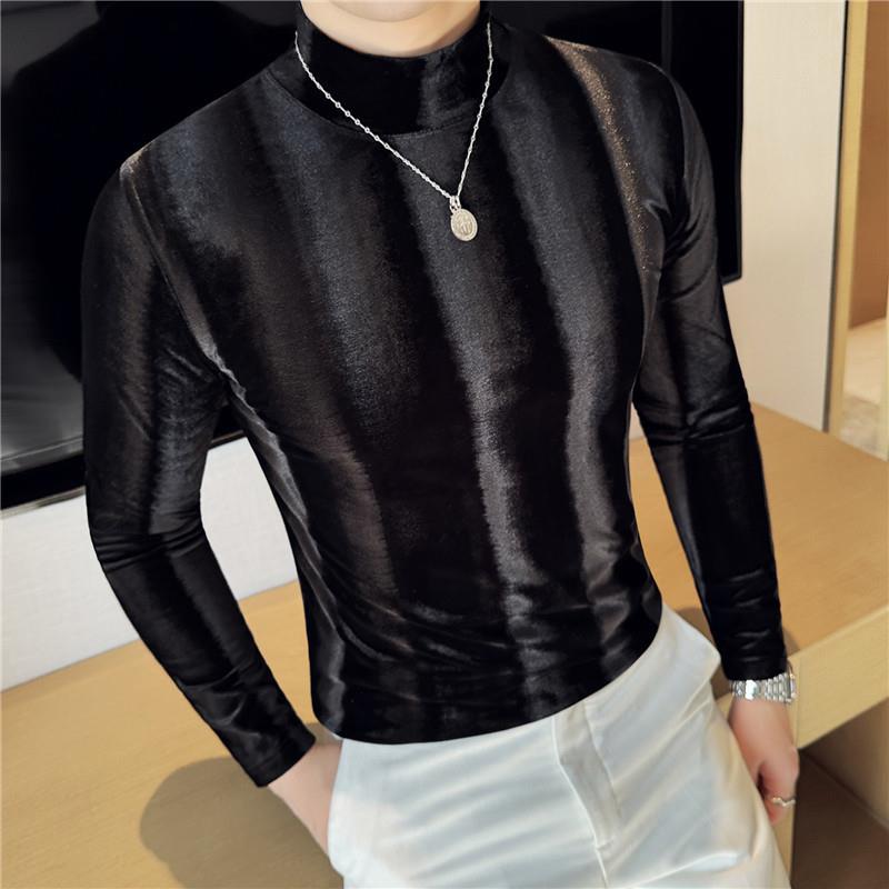 秋冬感修身条纹金丝绒中领加厚打底衫男半高领弹长袖t1023z