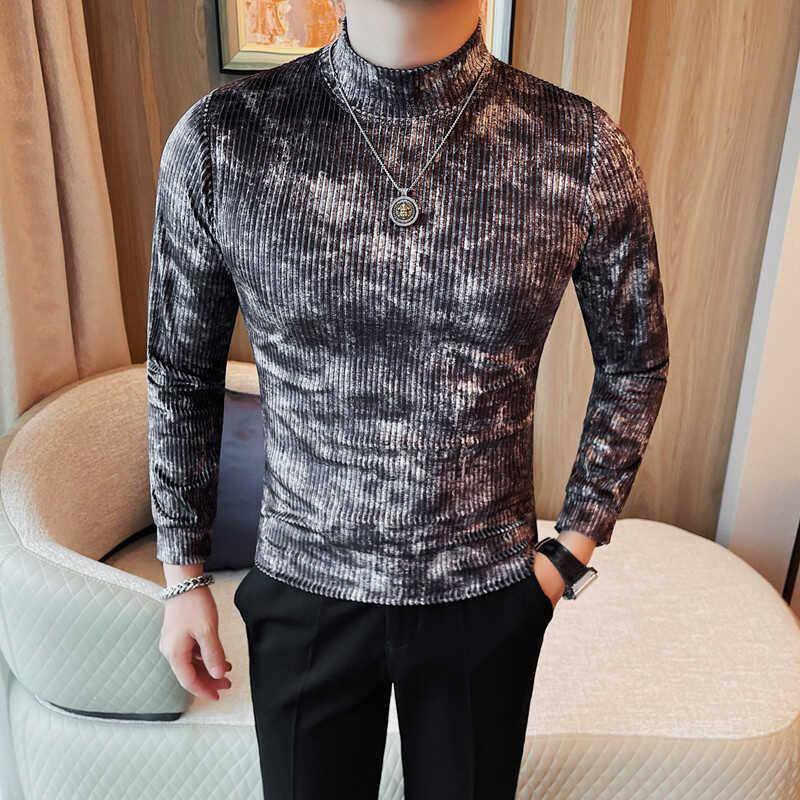 秋冬款男士半高领打底衫修身弹绒布条纹扎染中领长袖T恤男1023z