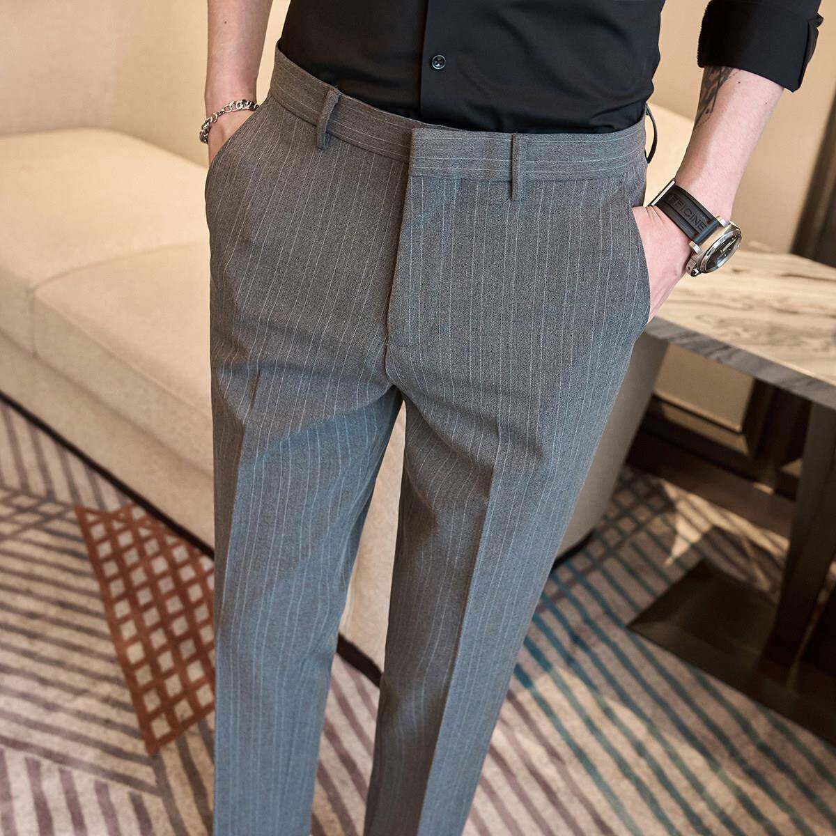 春季条纹休闲西裤男感长裤潮流英伦风时尚修身小脚商务九分0227u