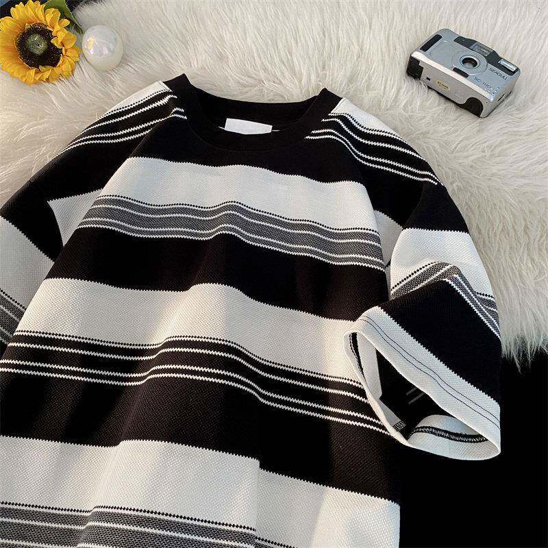 夏款撞色条纹T恤男短袖宽松夏季上衣潮牌美式休闲五分袖0305d