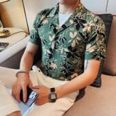 男短袖 潮流高级感痞帅修身 夏季 度假风V领花衬衫 薄款 时尚 衬衫 0130r