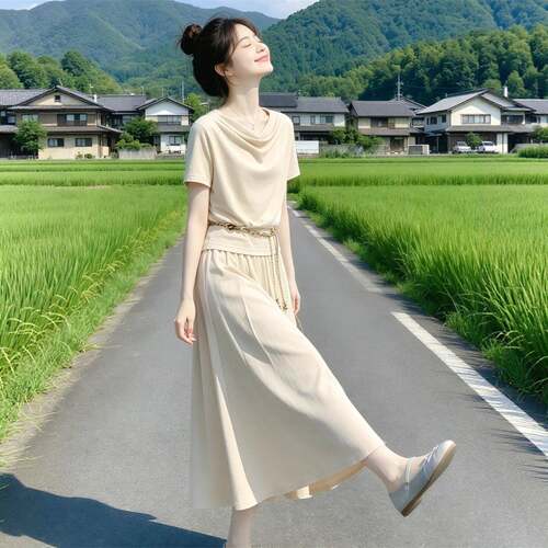 0721k温柔风休闲运动套装女夏季小个子堆堆领短袖上衣垂感半身裙