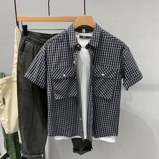 夏款夏季港风黑白格子衬衫男短袖宽松帅气休闲潮流百搭五分0305d