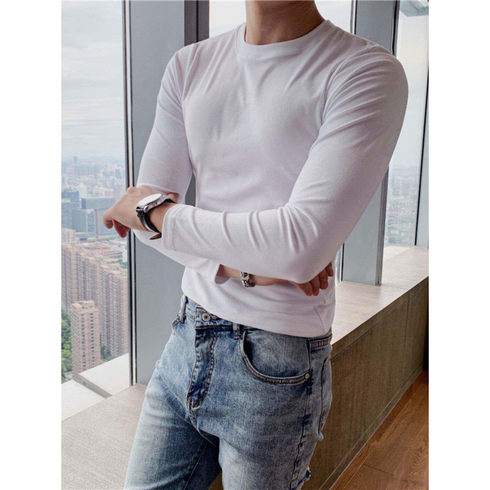 男士t恤韩版修身弹力感基础圆领长袖型男年百搭紧身打底衫0306k