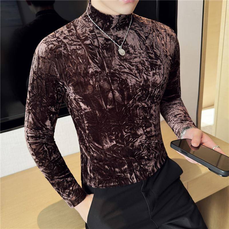 秋冬男金丝绒T恤时尚半高领内搭褶皱中领打底衫男士t恤1023z