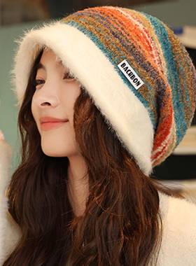 日系新款多巴胺混色编织毛线帽子女秋冬保暖百搭洋气针织堆0117k