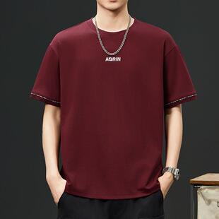 冰丝棉酒红色滚边袖口印花短袖T恤男2026夏季新款潮宽松简约0530k