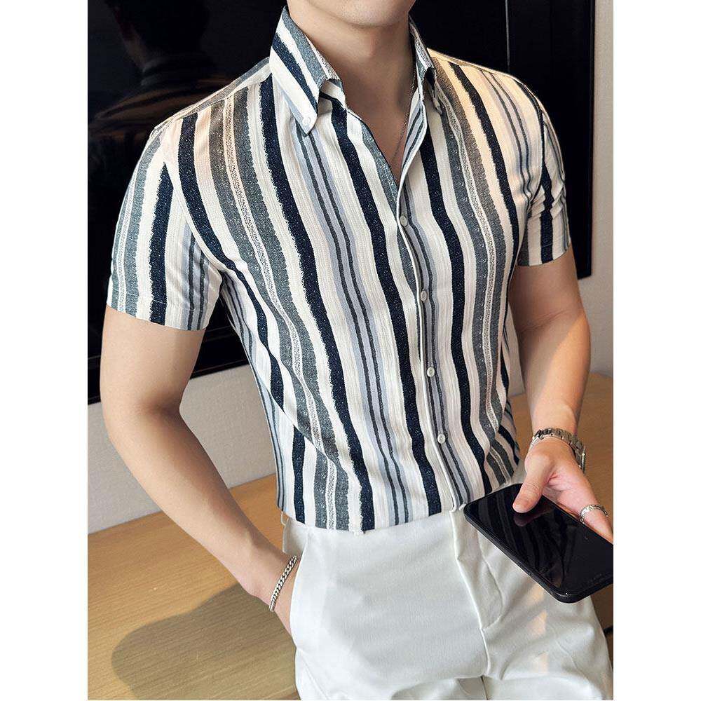彩色条纹男士短袖衬衫夏季瘦英伦风流行趋势修身帅气高端衬0130r