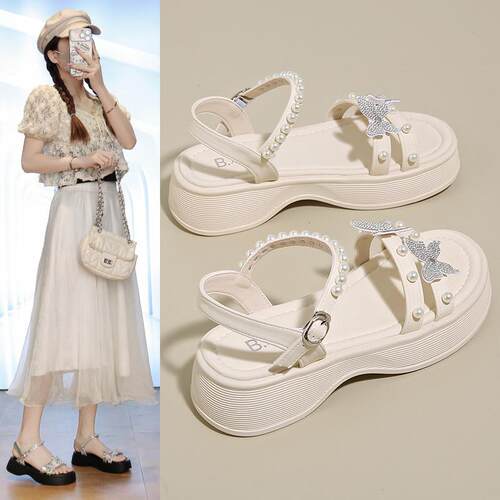 仙女风银色蝴蝶水钻凉鞋女夏2026新款外穿厚底罗马鞋爆款百0704k