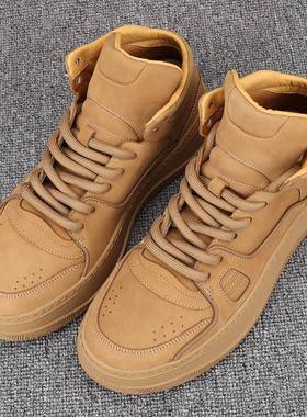 春秋高帮鞋男新款加绒保暖休闲鞋潮男厚底黄色百搭工装0107z