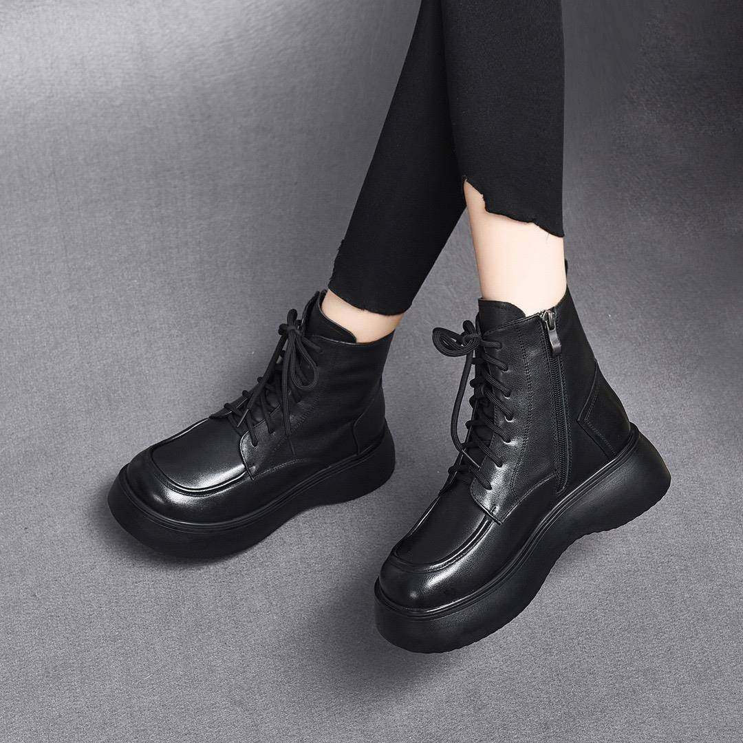 冬季厚底短靴2025冬新款英伦风头层绑带松糕底短筒女靴加绒1211w