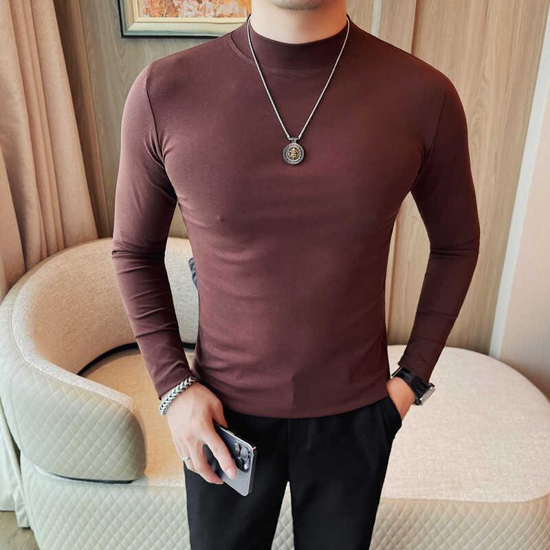 秋冬男士长袖t恤打底衫内搭韩版修身色中领体恤男1023z