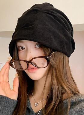 小众褶皱堆堆帽子女2026秋冬季新款灯芯绒大头围保暖显脸小0117k
