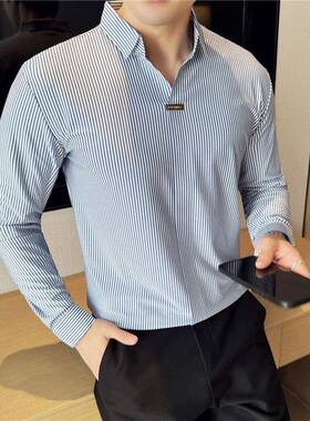 男长袖t恤条纹衬衫领男春春秋装新款感无痕弹力V领POL1228k