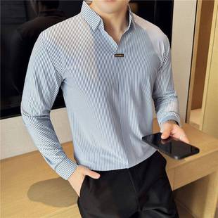 新款 领男春春秋装 感无痕弹力V领POL1228k t恤条纹衬衫 男长袖