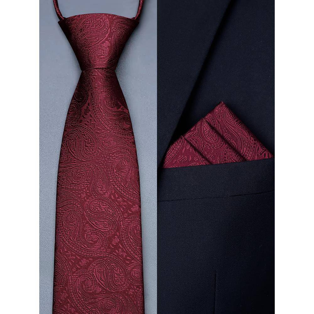 男士领带结婚新郎酒红色感商务婚礼拉链式免打结西装口袋巾1120z