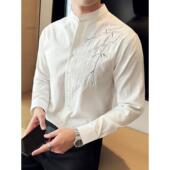 新中式 潮流百搭青年圆0130r 商务休闲帅气修身 立领刺绣衬衫 男长袖