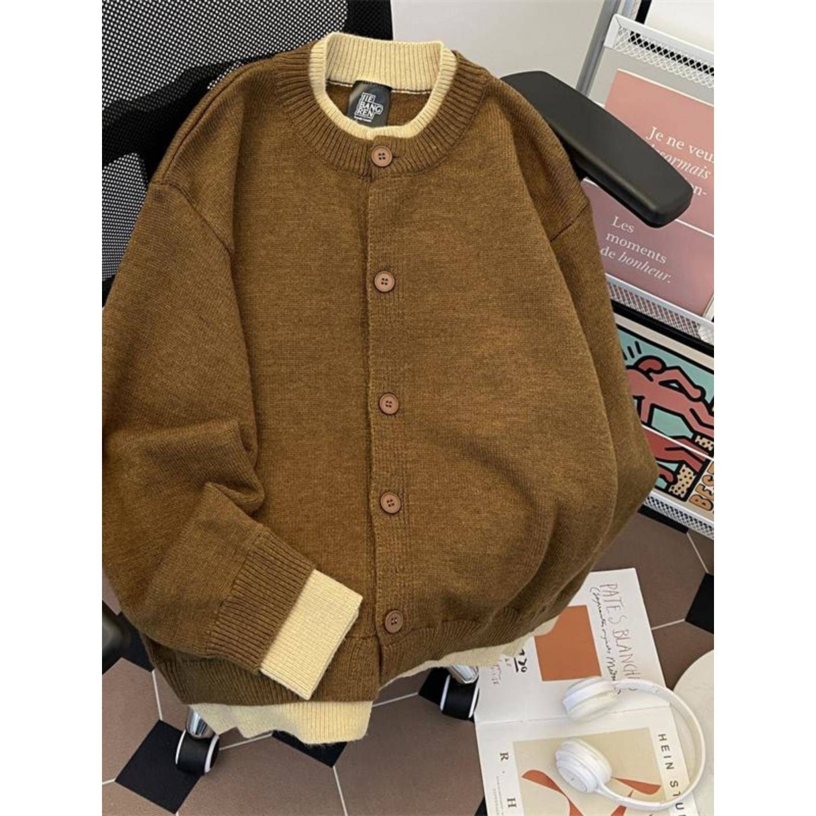 高端男士打底衫假套针织男秋冬美拉德加厚懒散宽松开衫1204k