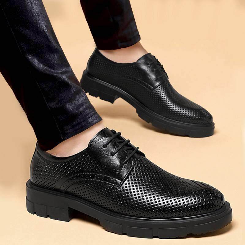 高端镂空皮鞋男夏季透气商务休闲英伦男士软面正装厚底内增0417m