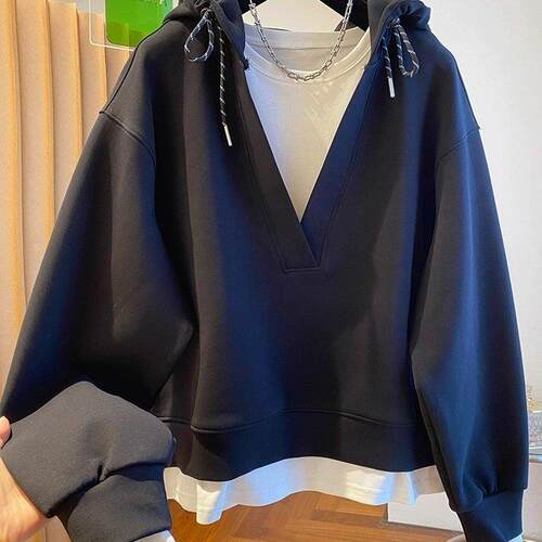 上衣胖MM大尺码240斤黑色假两件连帽运动衫女春秋季宽松大版1012d