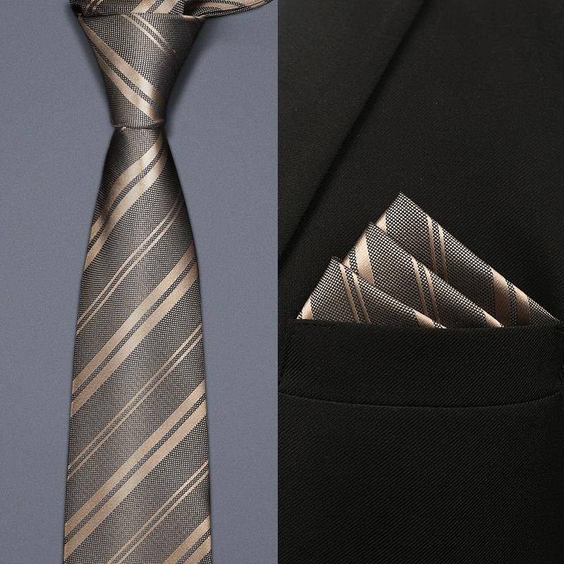 棕色条纹套装领带男西装衬衫男士新郎婚礼口袋巾商务正装职1107r