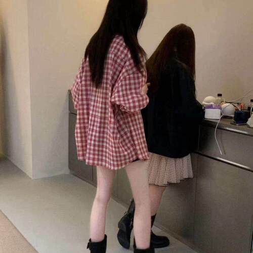 26新款polo领红色格子衬衫外套女宽松慵懒风春夏季防晒衬衫0525k