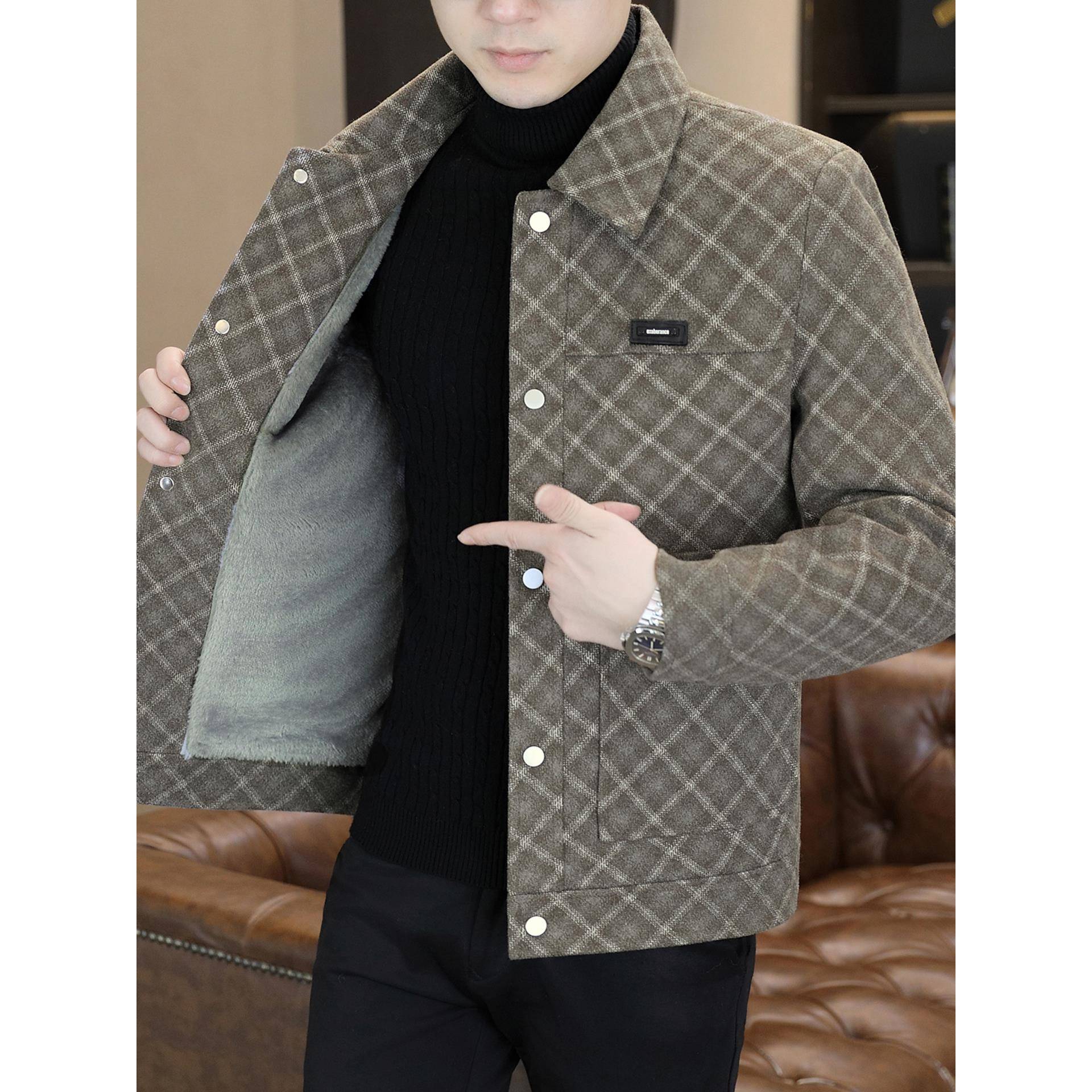 冬季加厚呢子男翻领格子潮流高端休闲加绒保暖外套男装1121w
