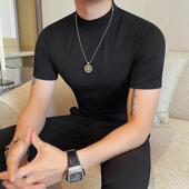 短袖 紧身条纹内0207r 潮流百搭修身 T恤男半高领小中领内搭半袖 春季