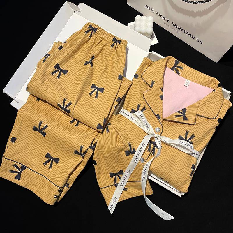 高级感双面新款睡衣女士感蝴蝶结黄色条纹保暖家居服1117w