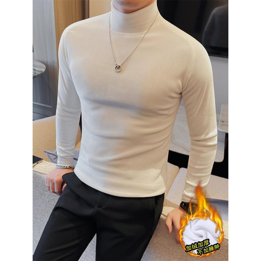 秋冬半高领金丝绒长袖t恤男加绒加厚保暖潮流轻奢修身中领打1214z