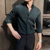 男长袖 春季 2026新款 高级感暗条纹V领衬衫 商务休闲时尚 一字领0130r