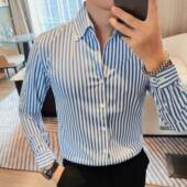 法式 痞帅0130r 春秋高级感商务休闲英伦风修身 大V领条纹衬衫 男长袖