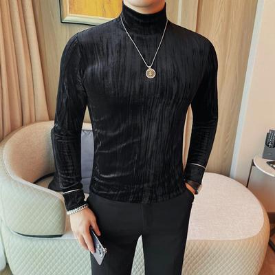 秋冬时尚纽扣袖口长袖体恤男士新款半高领长袖打底衫1023z