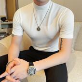 短袖 紧身格子打0207r 潮流纯色修身 T恤男半高领小中领内搭半袖 春季