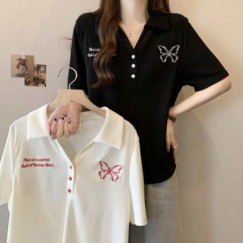 舒适胖mm大码蝴蝶刺绣polo衫短袖t恤女夏新款宽松显瘦遮肚子0506k
