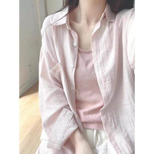粉色长袖防晒衬衫女春夏季新款衬衣宽松外搭开衫薄款外套上0820k