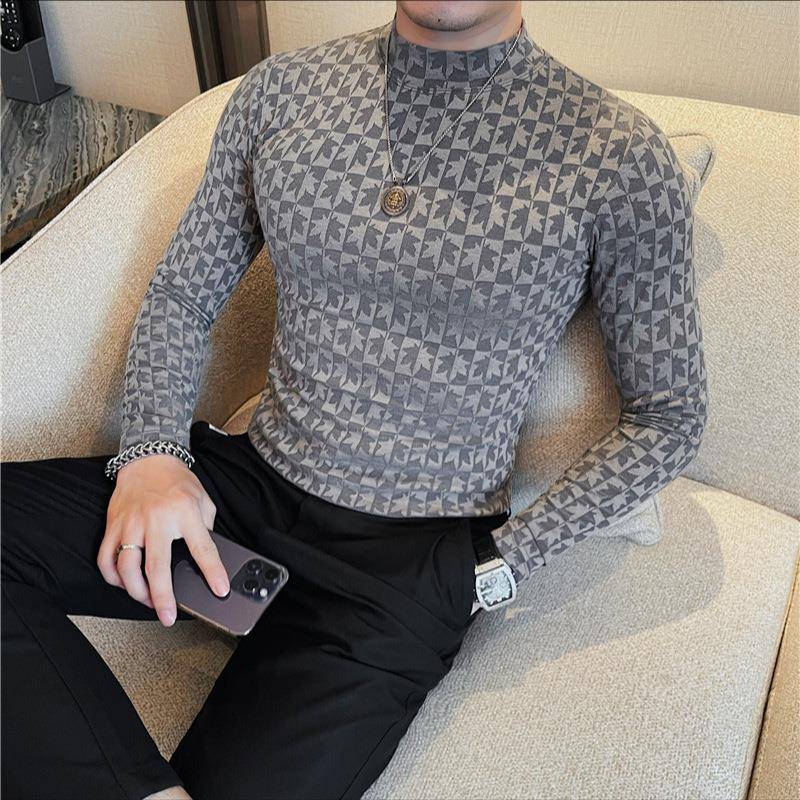 秋冬2025新款男士半高领t恤时尚潮流痞帅修身弹中领长袖衣男1023z