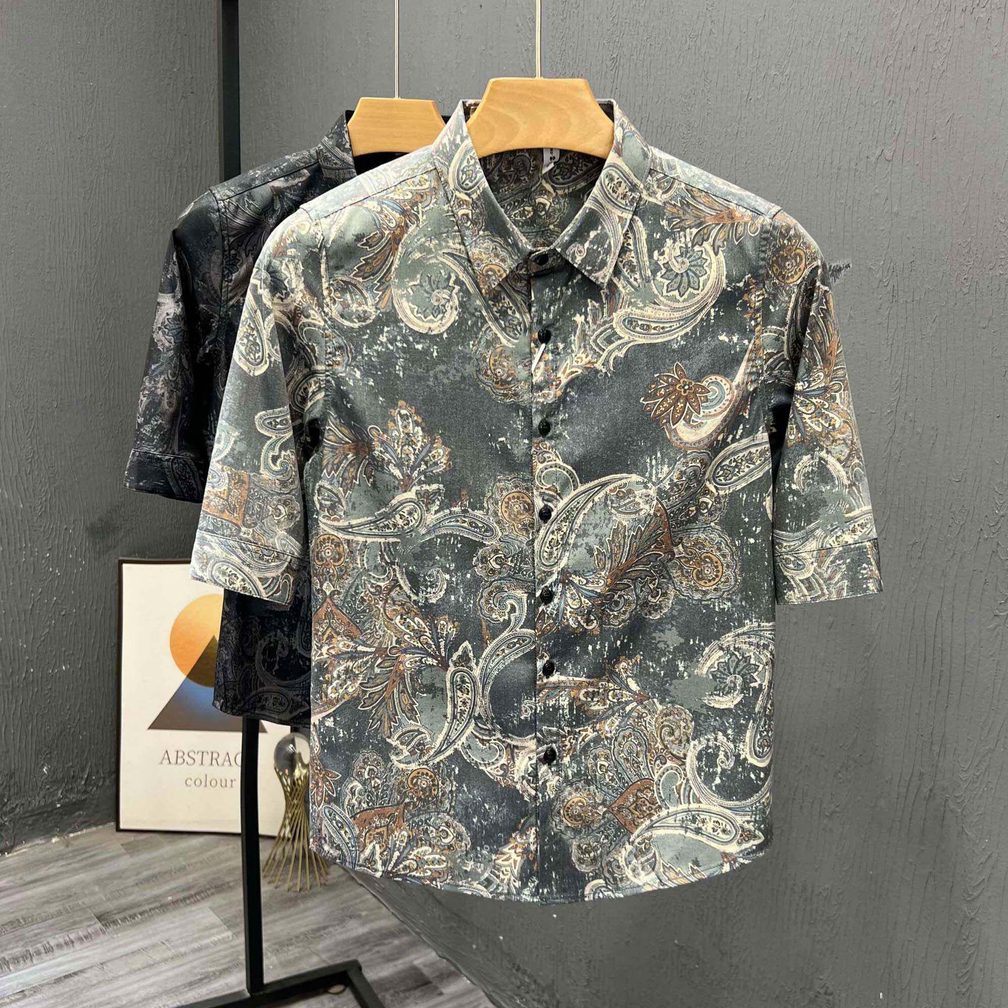 夏款韩版修身腰果花衬衫男士短袖夏季痞帅高级感薄款百搭七0305d