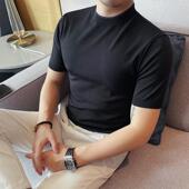 短袖 百搭撞色中领打底0207r 修身 T恤男潮牌半高领针织冰丝半袖 春季