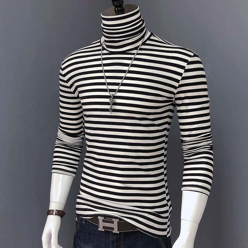 时尚秋冬条纹高领打底衫男士修身内搭T恤纯紧身长袖T恤男装1217h