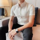 大尖领暗扣白色衬衫 男短袖 夏季 法式 潮流休闲帅气修身 商务正0130r