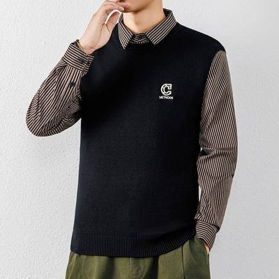 假两件毛衣男2025秋冬季新款带领打底衫潮牌青少年绣标针织1118r
