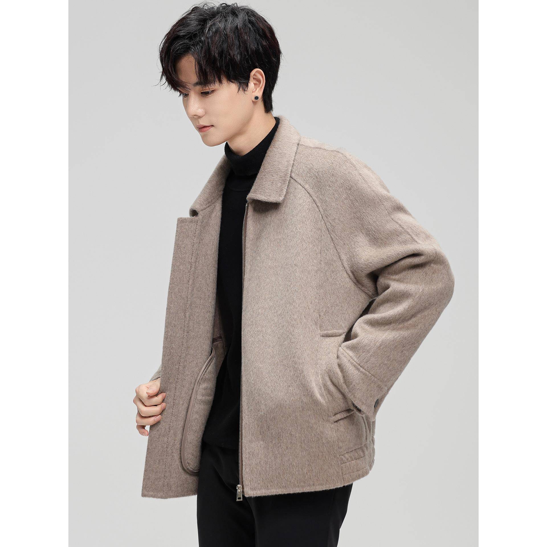 冬季双面呢外套男士加厚呢子大衣短款轻熟风拉炼行政绒1121w