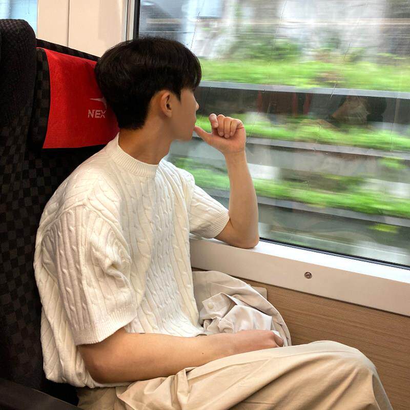 麻花短袖针织衫T恤夏季男士韩版宽松圆领针织体恤高级英伦简0416k