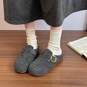 春季 一脚蹬博肯单0127z 女外穿2026新款 厚底毛呢勃肯鞋 包头半拖鞋