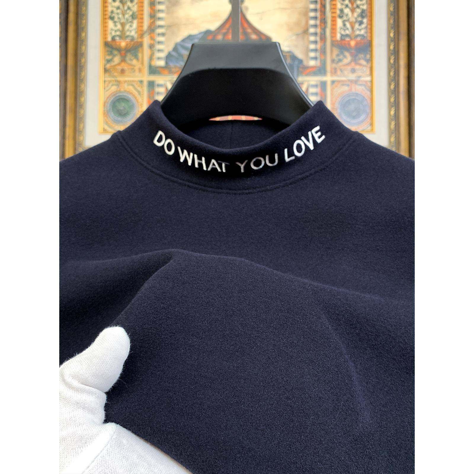 秋冬男士德绒打底衫男半高领修身长袖t恤加厚领子刺绣上衣双1216k